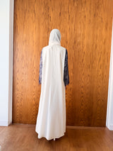 Round Neck Abaya - Tie Rope on Front With Navy Blue Dantil Lace