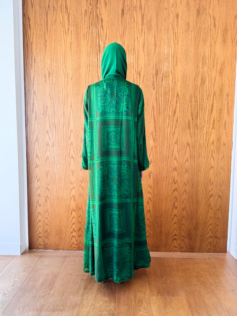V Neck Abaya With Tie Rope on Front Green and Brown Mix Color