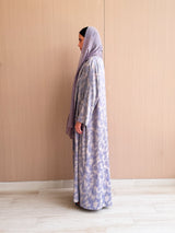 Zainah Cut Silk Printed Abaya in Creme Flowers on Gray