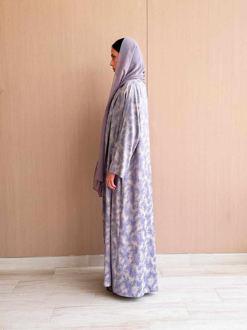 Zainah Cut Silk Printed Abaya in Creme Flowers on Gray