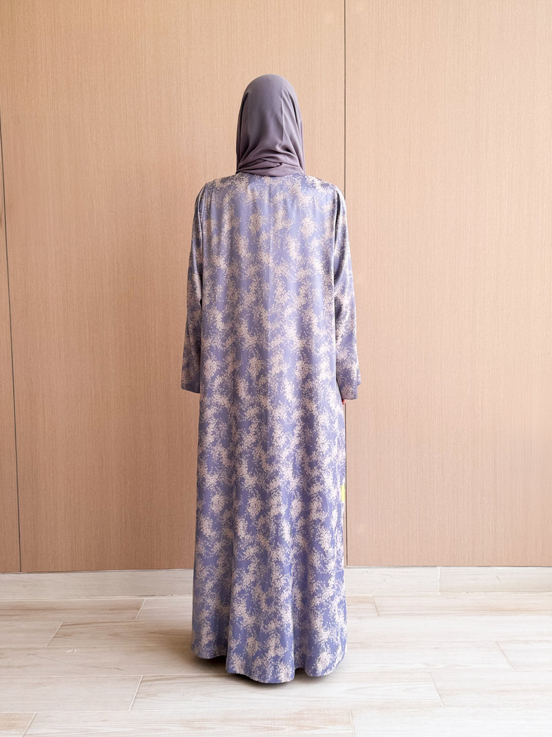 Zainah Cut Silk Printed Abaya in Creme Flowers on Gray