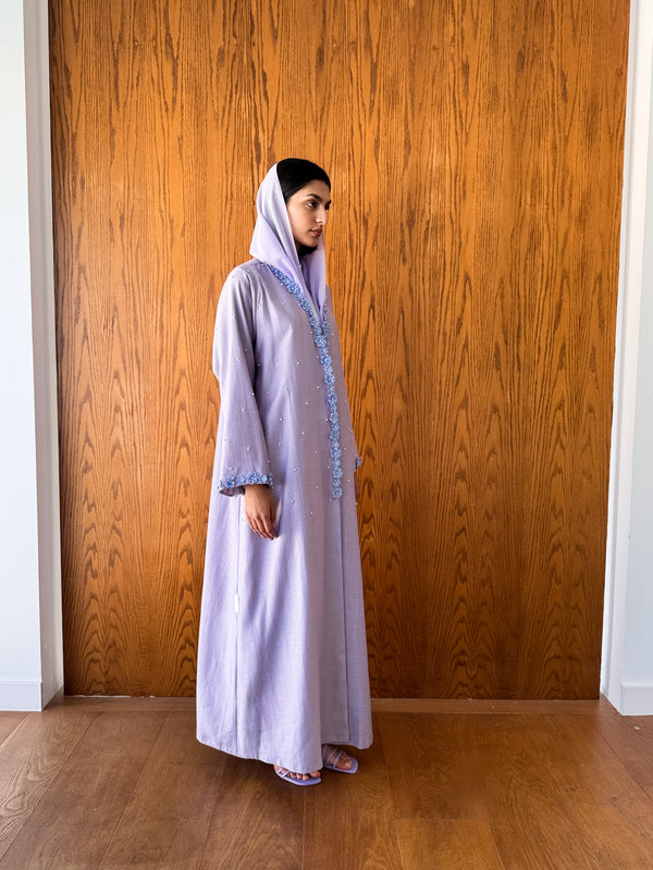 V Neck Abaya - Flower and Pearl Work on Front and Sleeves