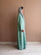 Zainah Cut Silk Prented Abaya in Creme Flowers on Sea Green