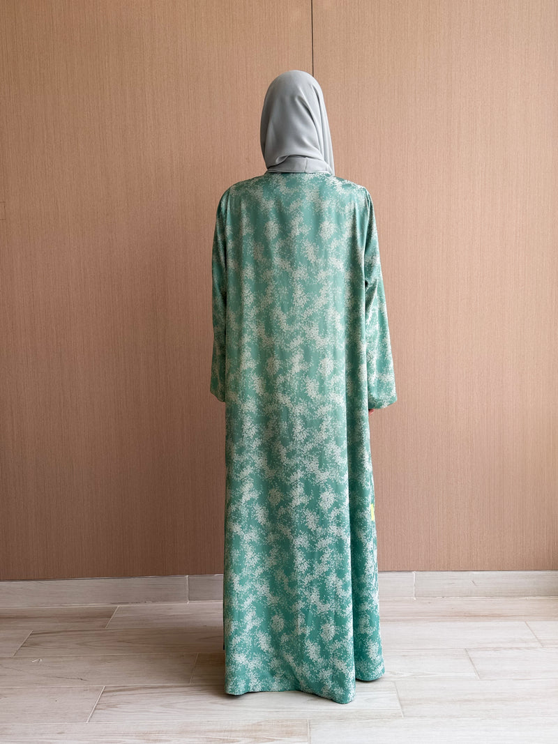 Zainah Cut Silk Prented Abaya in Creme Flowers on Sea Green