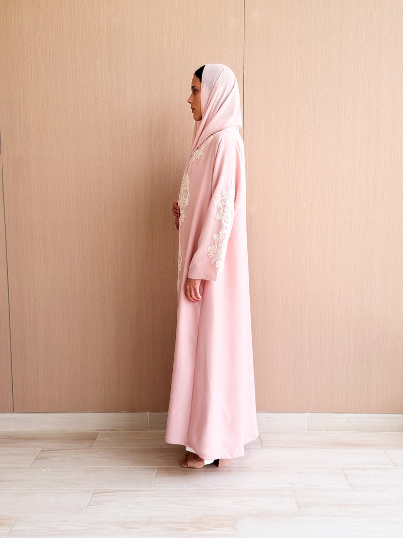 V Neck Straight Cut Abaya - Flower Patch Work Lace