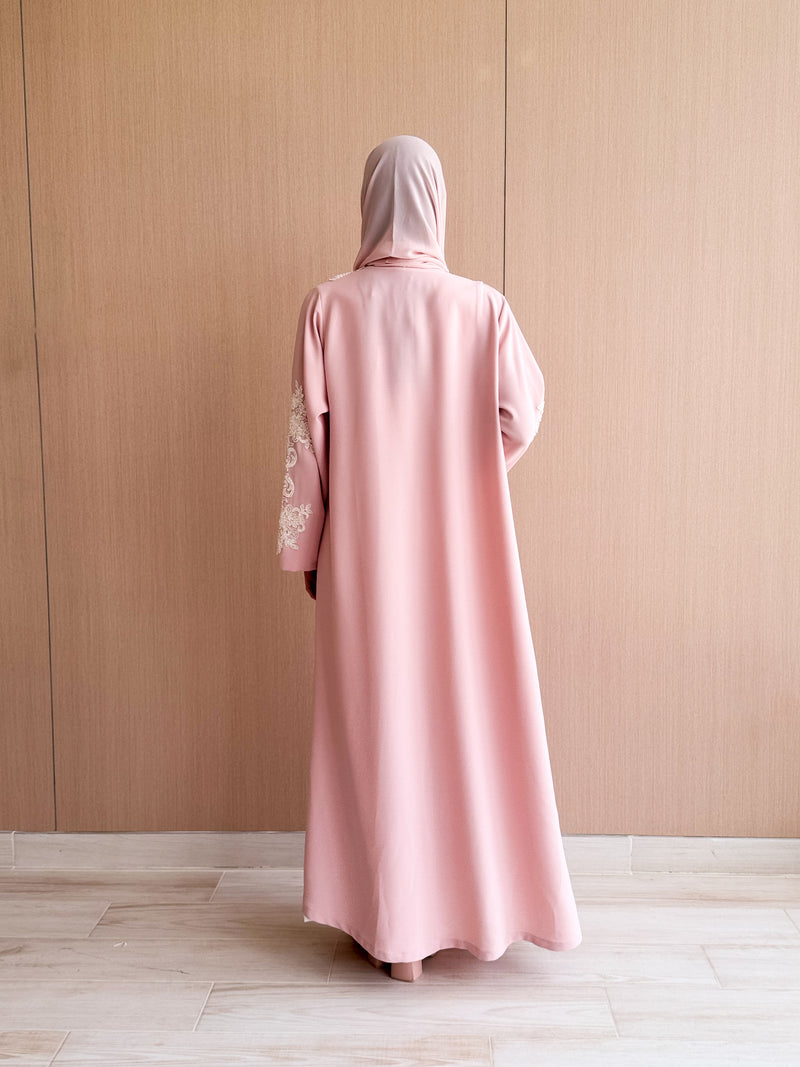 V Neck Straight Cut Abaya - Flower Patch Work Lace