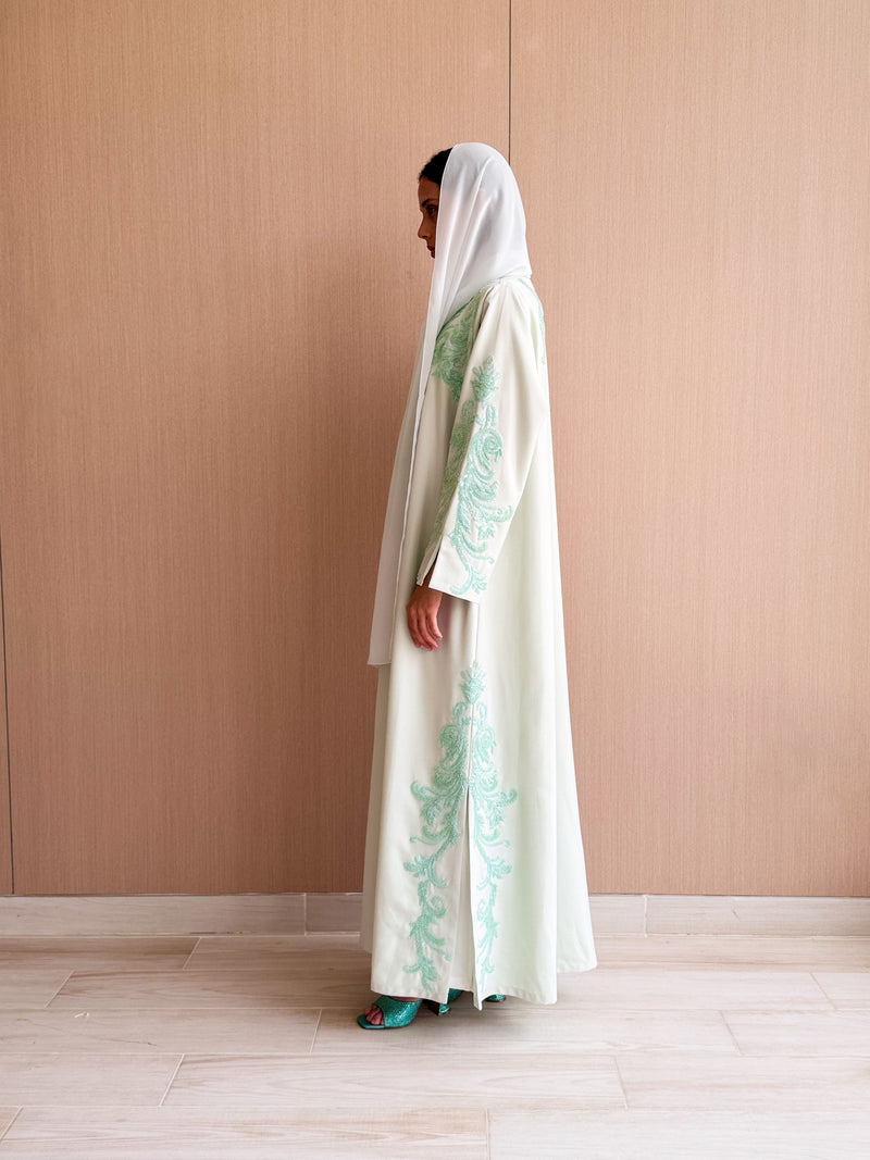 V Neck Abaya - Neon Green Bead Work