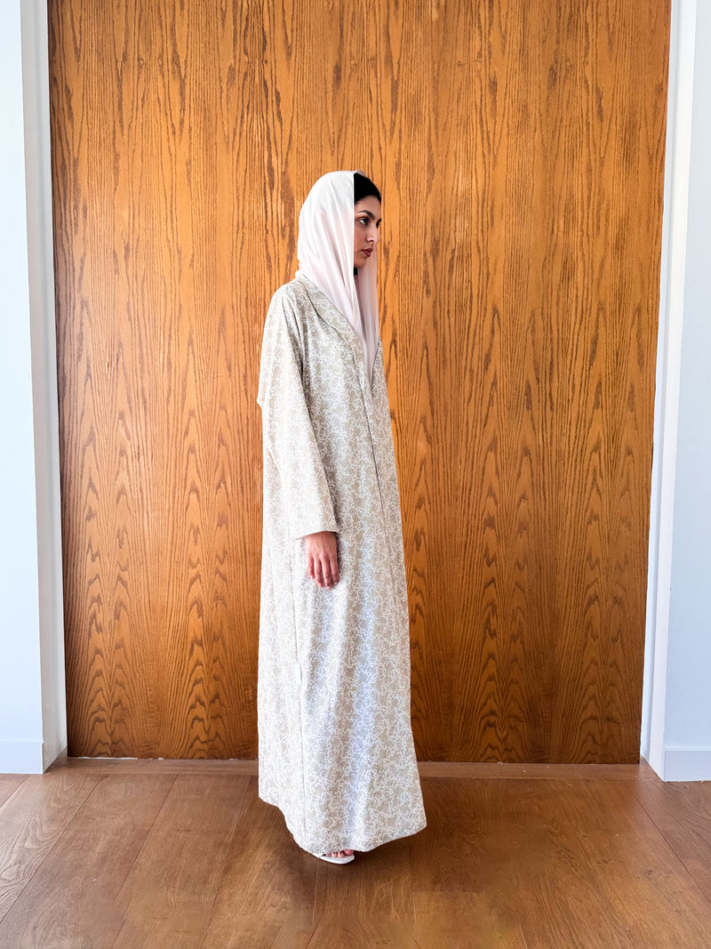 Zainah Cut Abaya - New Off White Printed Cotton