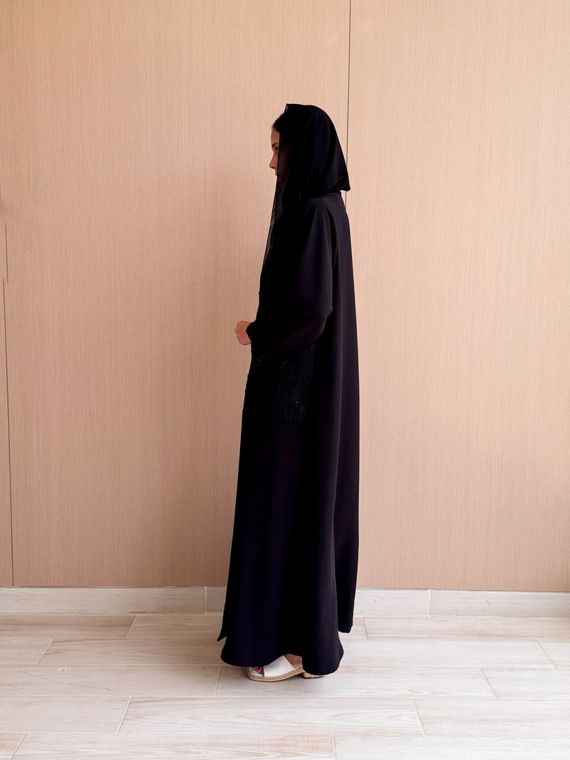 V Neck Straight Cut Abaya - Patch Work Black Bead Work