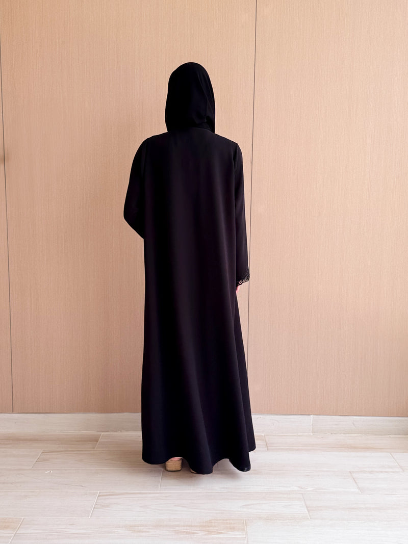 V Neck Straight Cut Abaya - Patch Work Black Bead Work