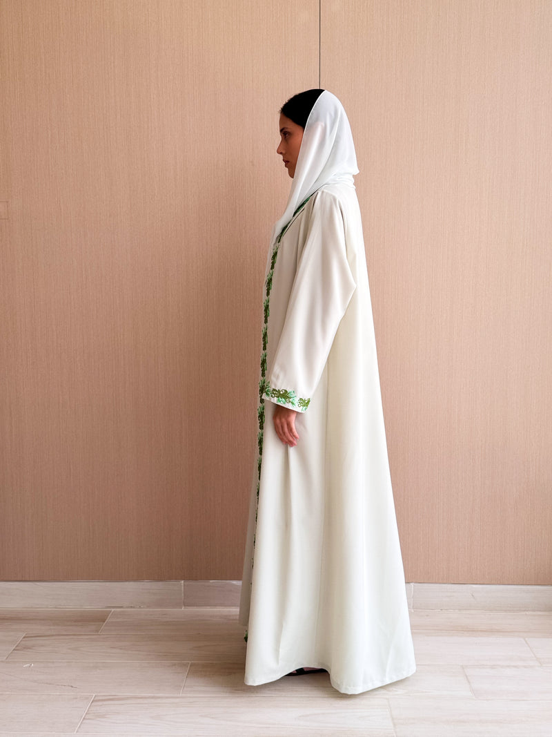 Zainah Cut Abaya - Green With White Lace on Front and Sleeves