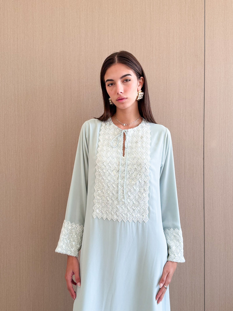 Round V Neck Kaftan With Bead Lace on Front and Cuff