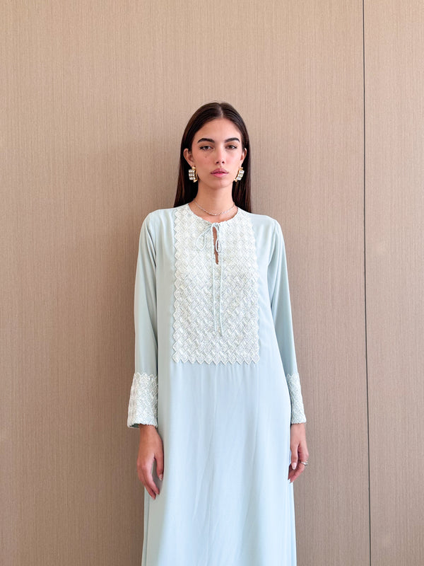 Round V Neck Kaftan With Bead Lace on Front and Cuff