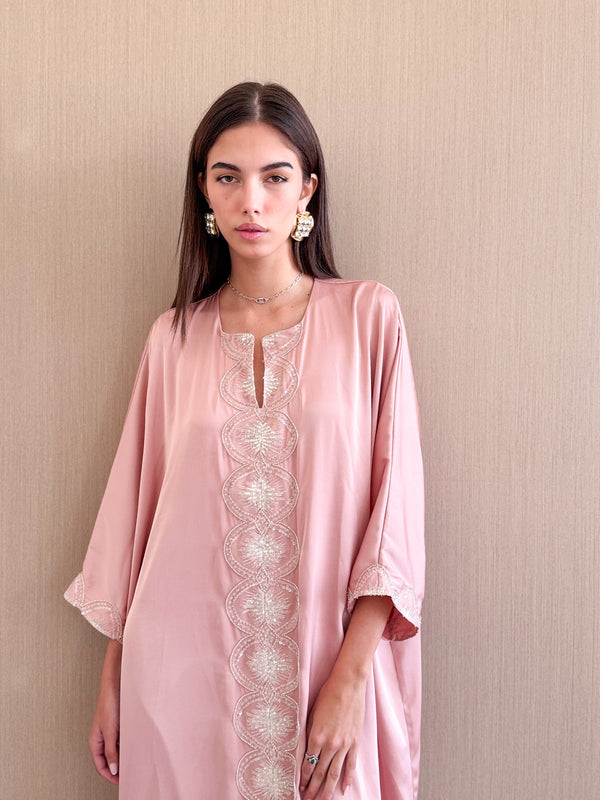 Round v-Neck With Light Pink Beads on Front and Sleeves