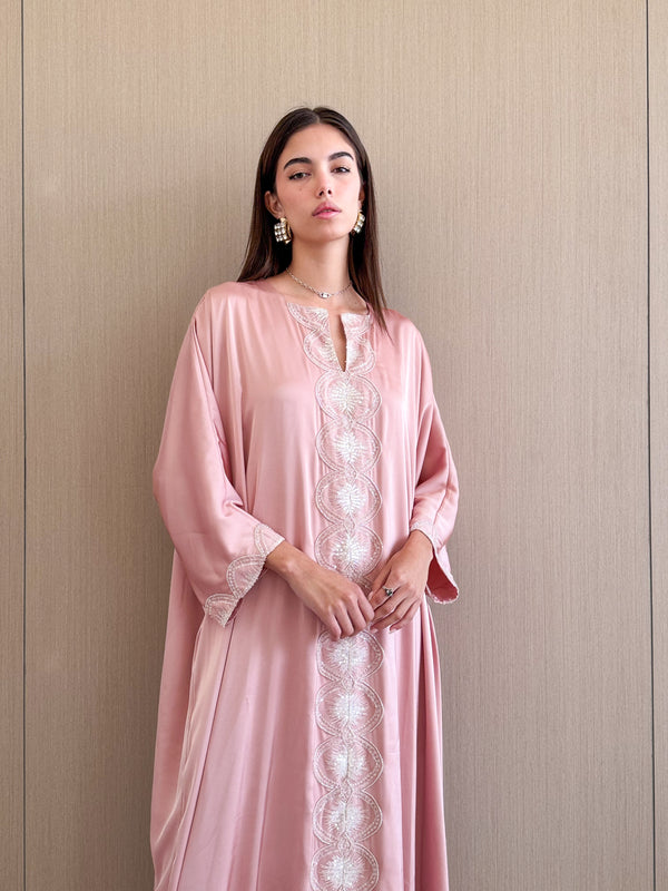 Round v-Neck With Light Pink Beads on Front and Sleeves