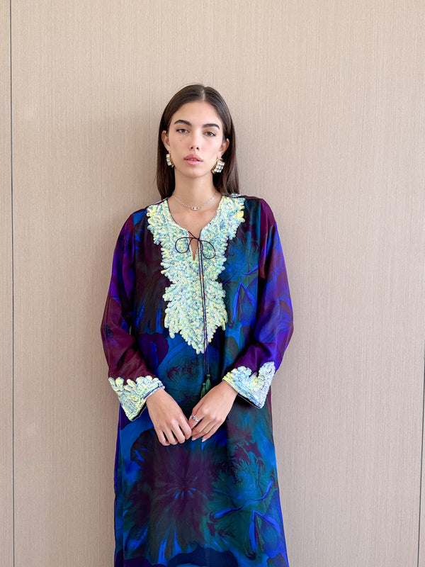 HF Kaftan in Black with multi-color mix pure silk