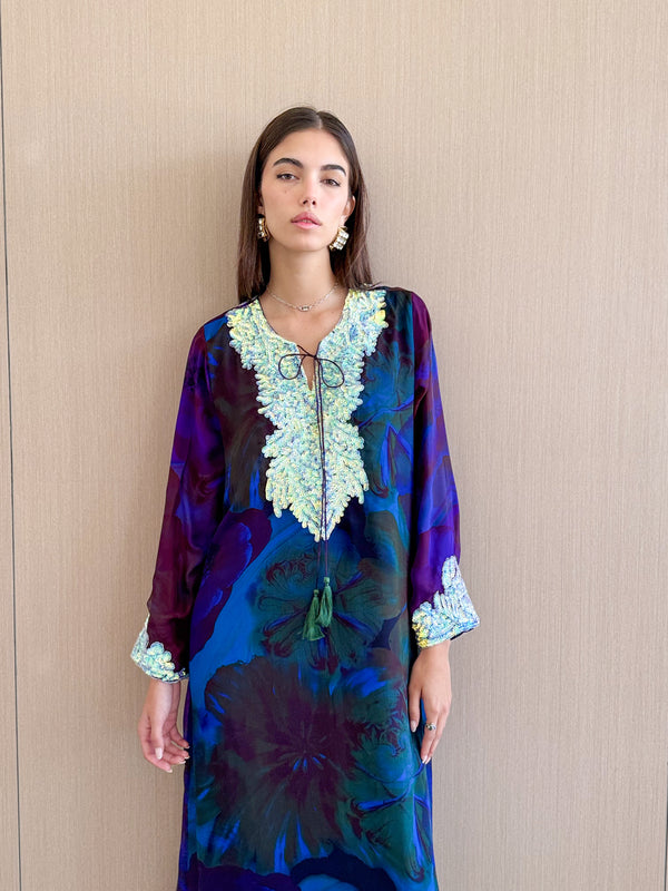 HF Kaftan in Black with multi-color mix pure silk