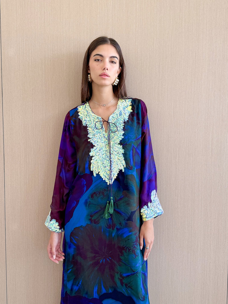 HF Kaftan in Black with multi-color mix pure silk