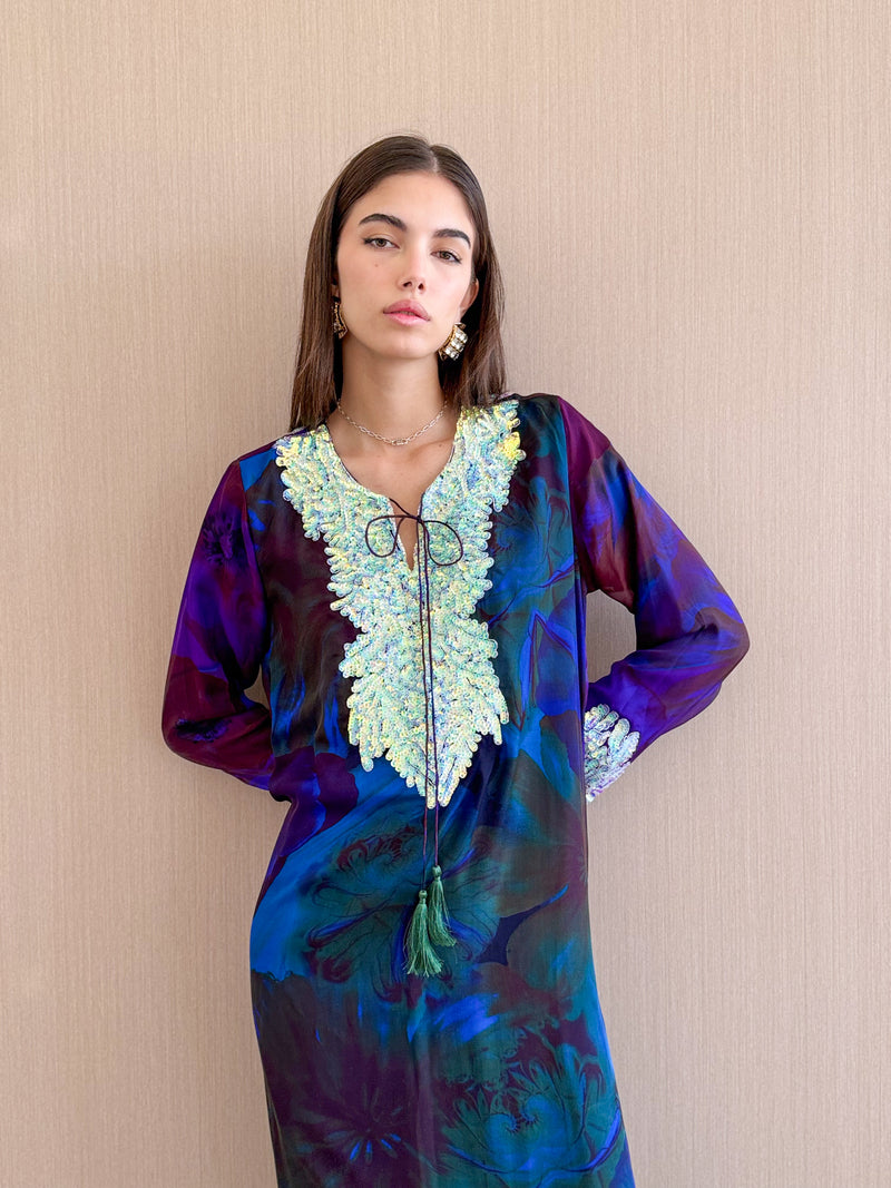 HF Kaftan in Black with multi-color mix pure silk