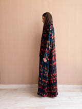 Zainah Cut Abaya in Dark Green Birds Print Texture Pure Silk