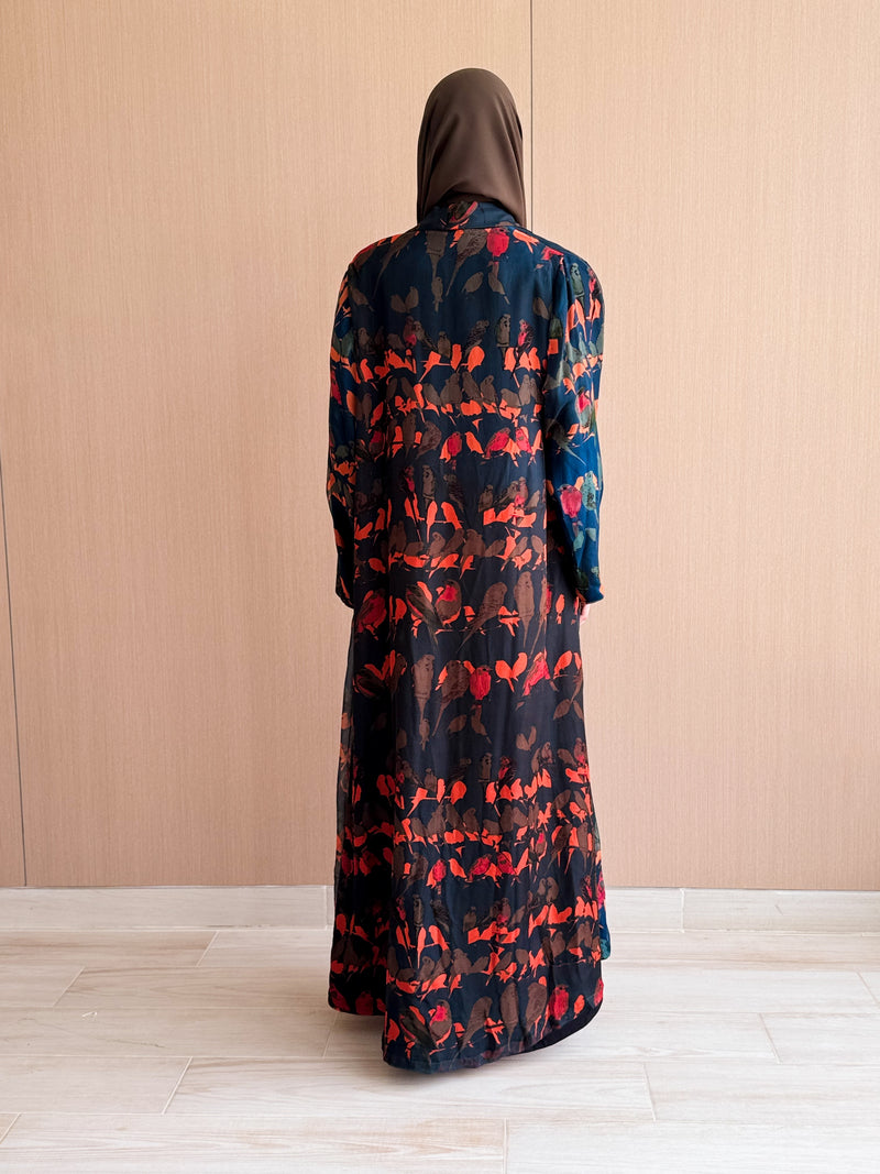 Zainah Cut Abaya in Dark Green Birds Print Texture Pure Silk