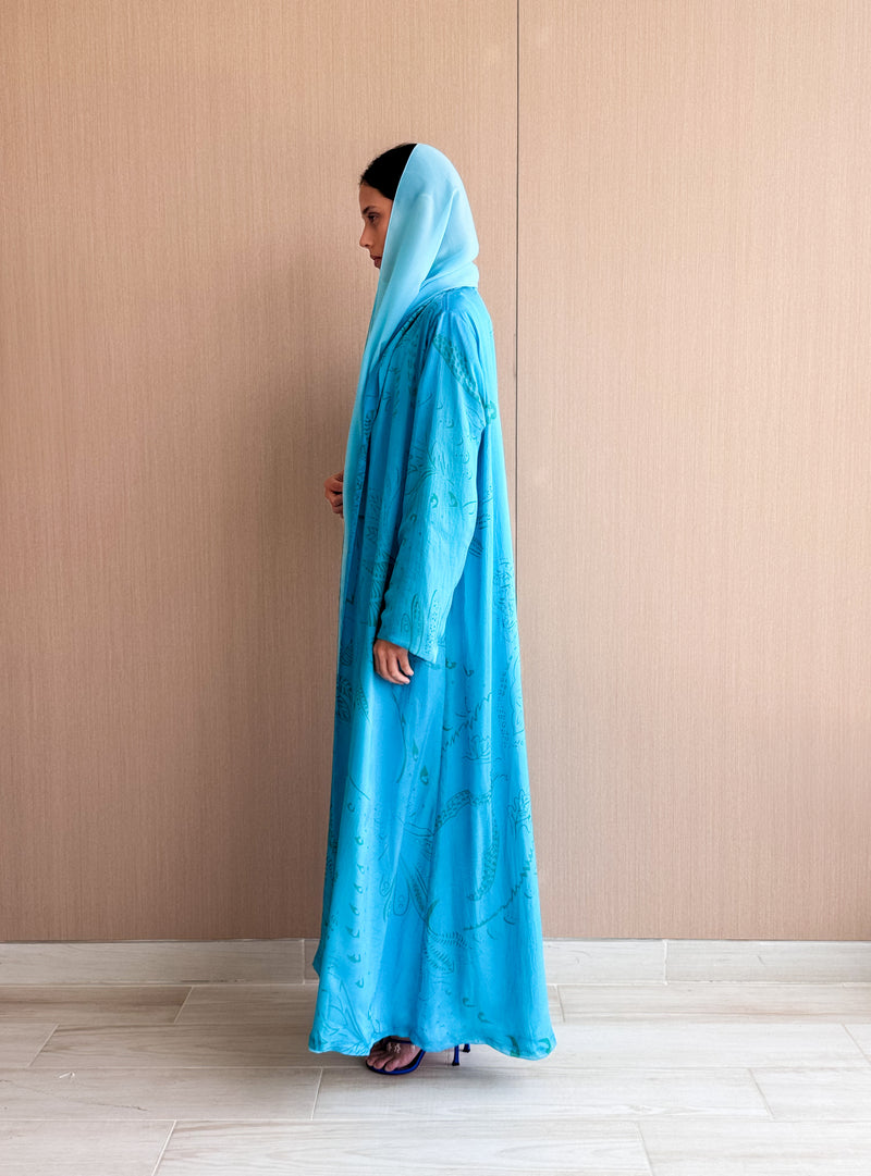 Zainah Cut Abaya - Light Blue With Green Leaves Pure Silk