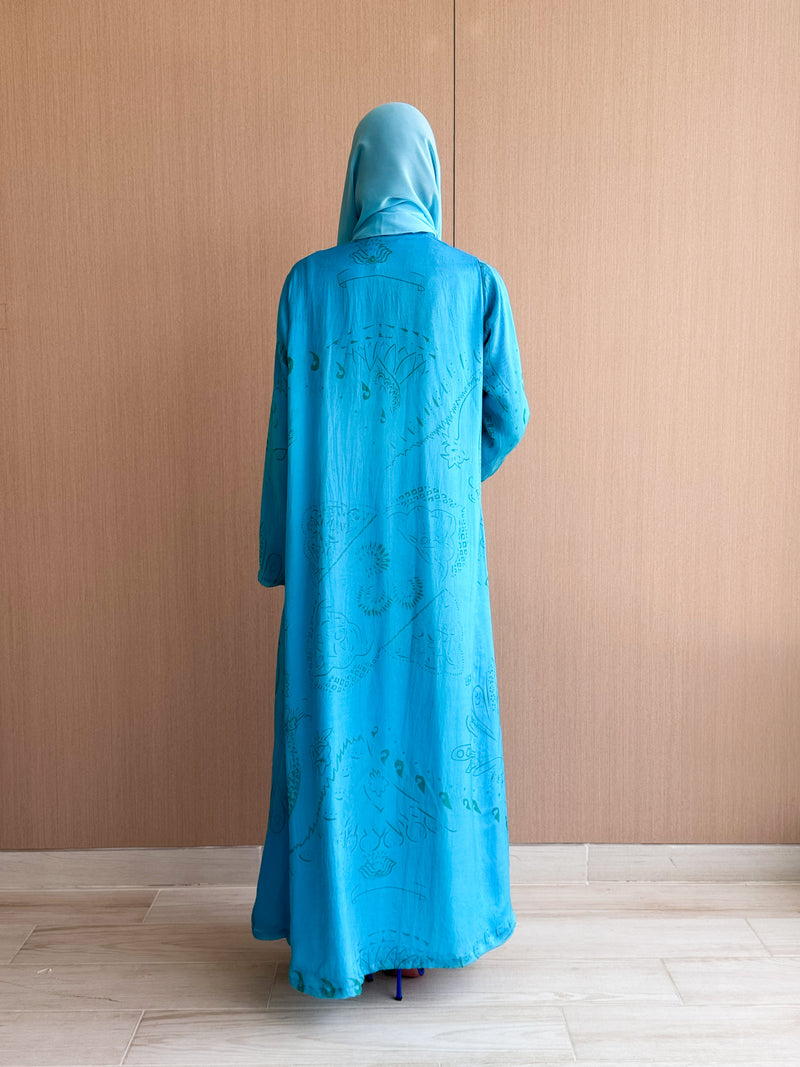 Zainah Cut Abaya - Light Blue With Green Leaves Pure Silk