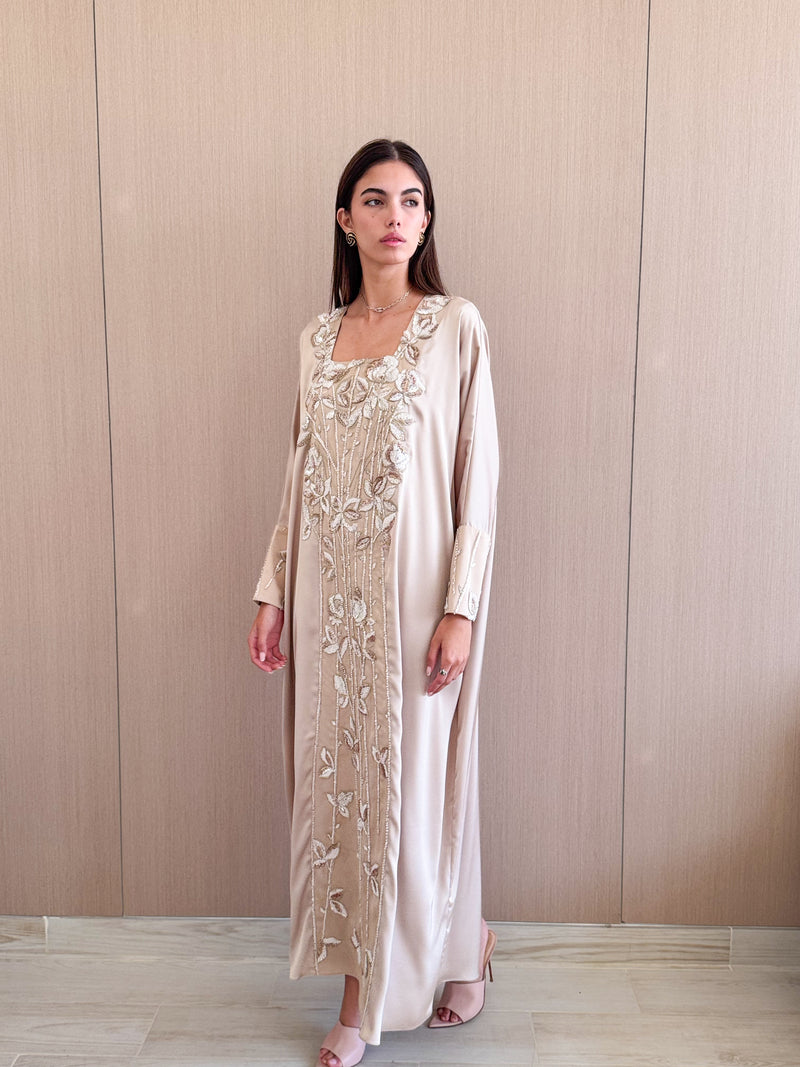 Box neck off white with gold bead lace on front/Cuff