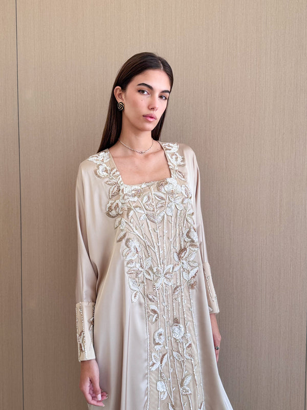 Box neck off white with gold bead lace on front/Cuff
