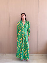 Notch Collar front open with button dress in mixed Printed chiffon