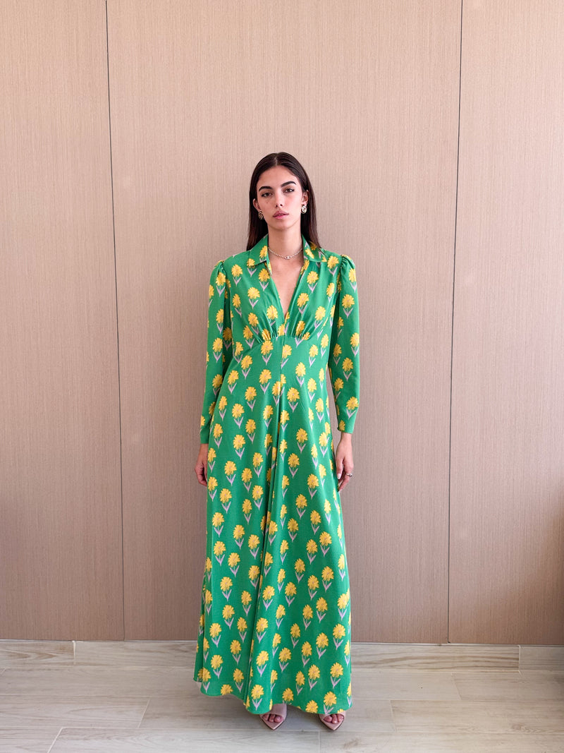 Notch Collar front open with button dress in mixed Printed chiffon