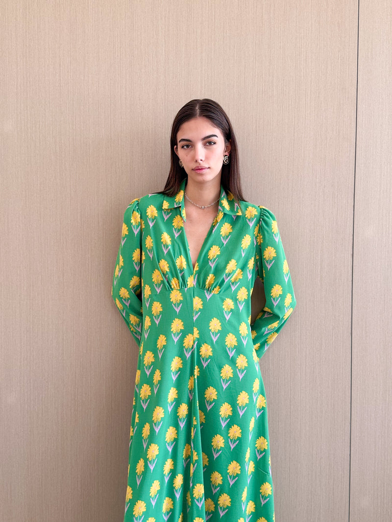 Notch Collar front open with button dress in mixed Printed chiffon