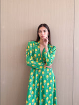 Notch Collar front open with button dress in mixed Printed chiffon