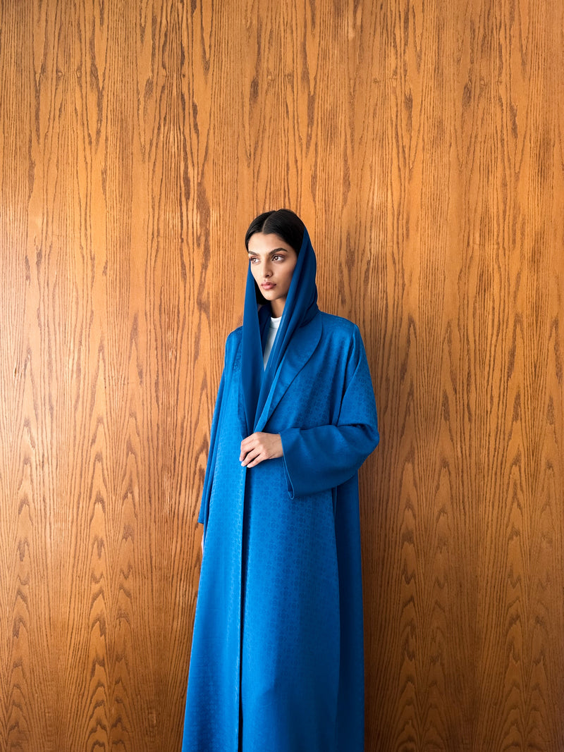 Zainah Cut Abaya With Blue Floral Self Embossed Silk