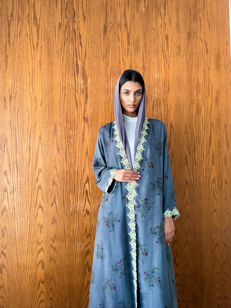 V Neck Abaya - Green Flower Lace on Front and Sleeves