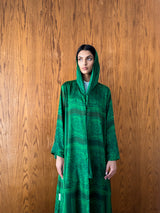 V Neck Abaya With Tie Rope on Front Green and Brown Mix Color