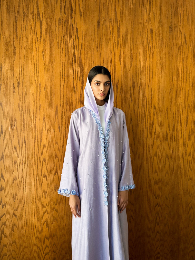 V Neck Abaya - Flower and Pearl Work on Front and Sleeves