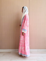 Straight Cut Abaya in  Floral Digital Printed in Neon Pink and blue Mix