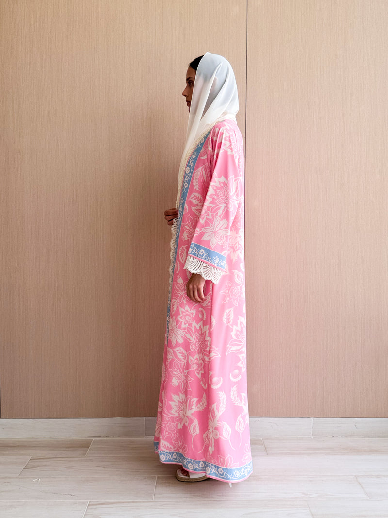 Straight Cut Abaya in  Floral Digital Printed in Neon Pink and blue Mix
