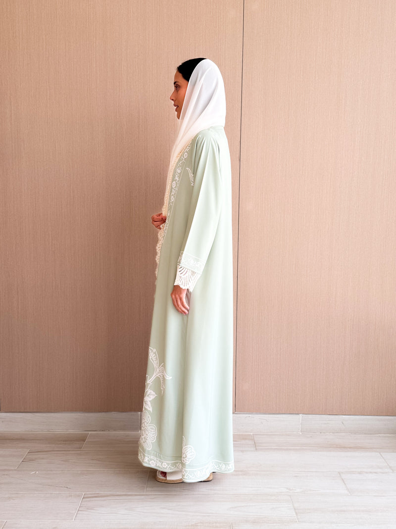 Straight Cut Abaya in Summer Green Digital Printed Floral