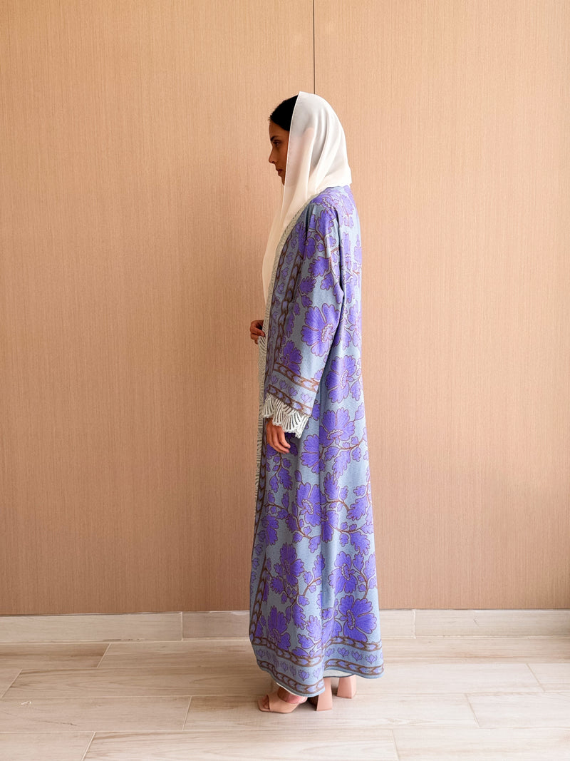 Straight Cut Abaya in Floral Digital Printed Lavender and Blue Mix