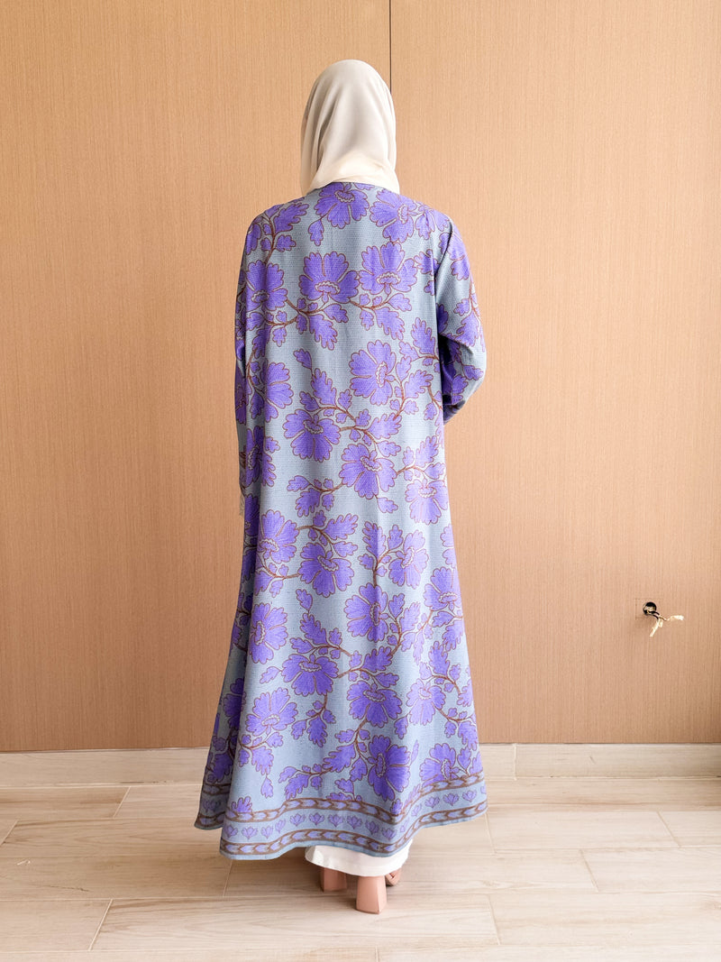 Straight Cut Abaya in Floral Digital Printed Lavender and Blue Mix