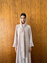 V Neck Abaya With Curvy Laser Cut emb.on Front and Sleeves