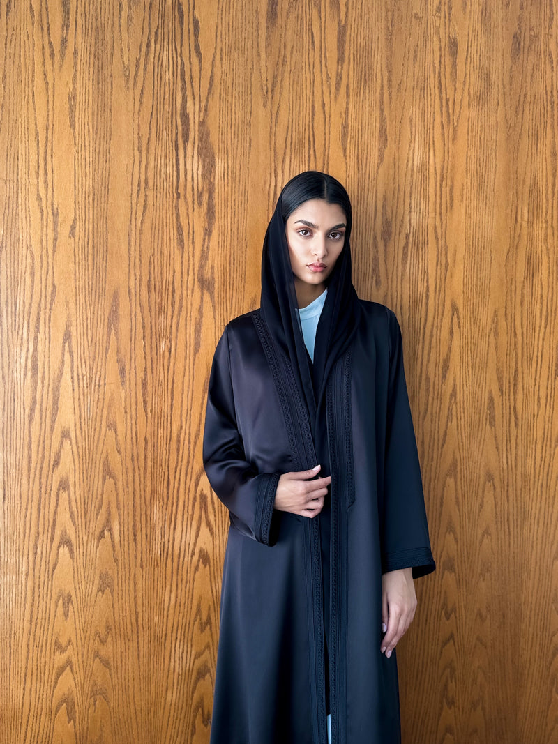 V Neck Abaya - Black Moroccan Lace on Front Cuff