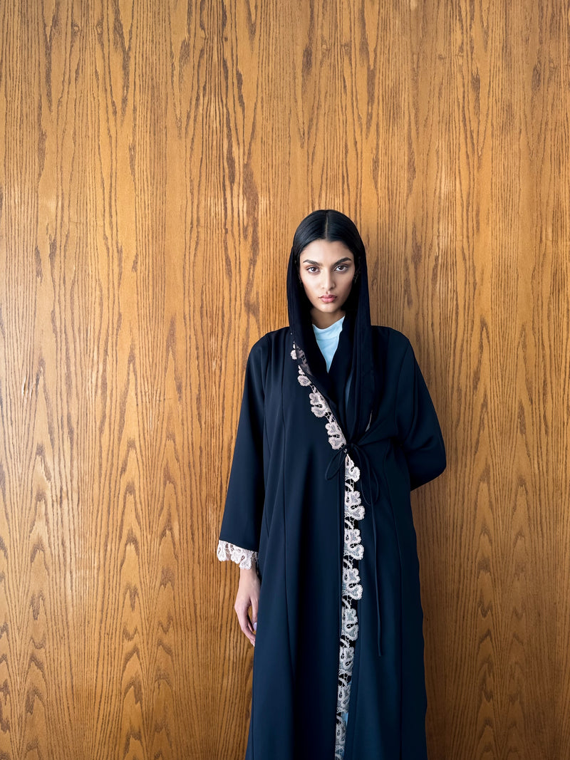 V Neck Overlap Abaya - Light Brown Crochet Lace