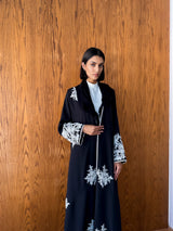 V Neck Abaya - Silver Moroccan Lace on Front and Sleeves