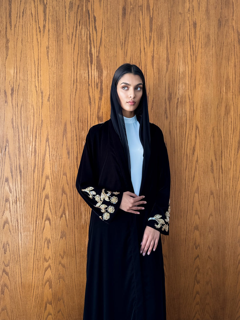 V neck abaya with border on neck line and beads works