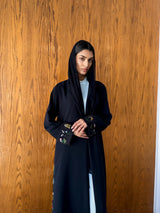 Round Neck Black Abaya - Mixed Colour Emb. Square Texture