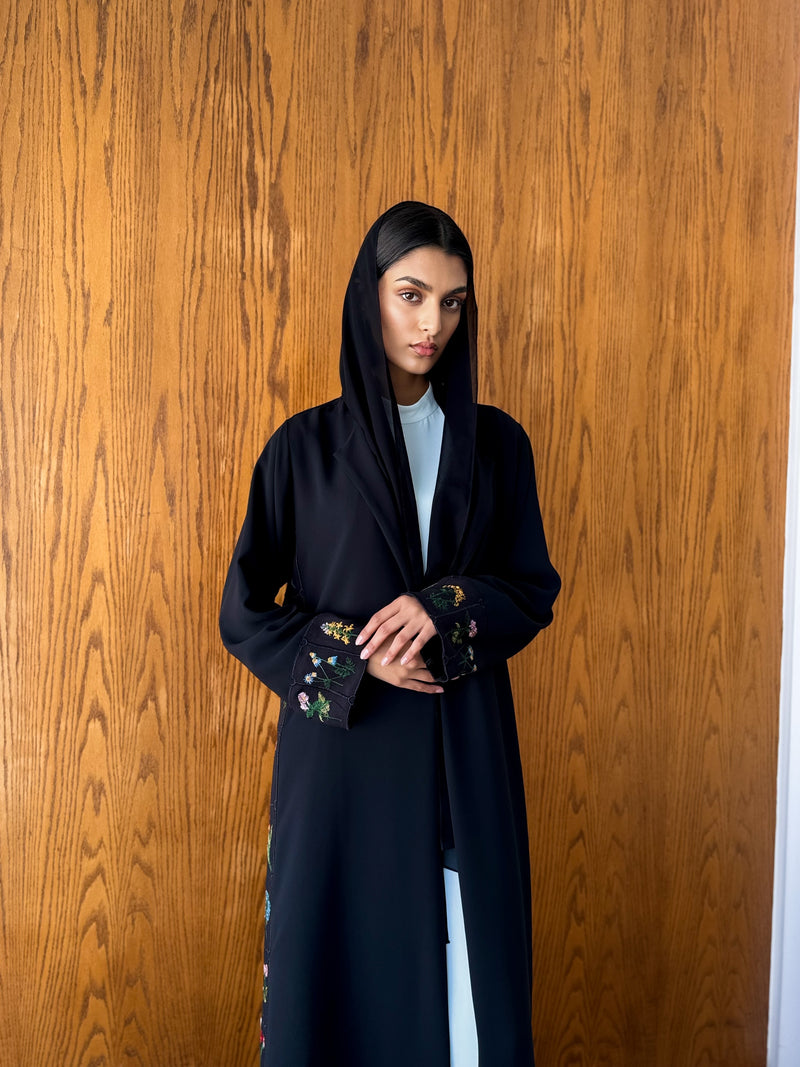 Round Neck Black Abaya - Mixed Colour Emb. Square Texture