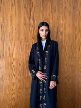 V Neck Black Abaya - Mixed Colour Emb. Square Texture